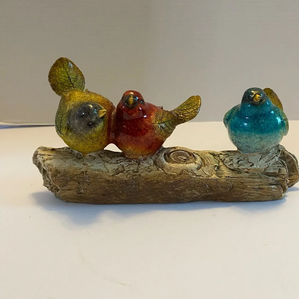 Three Birds On A Branch Ceramic Decor. Red Yellow & Blue Friends 9”branch